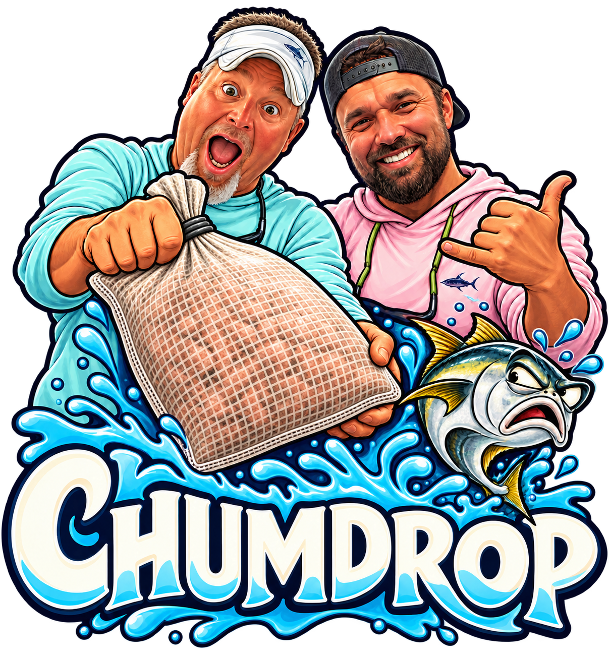 ChumDrop fishing-buddy caricature: wide-eyed Chris in an aqua shirt and white visor hugs a closed mesh chum pouch; grinning Anton in pink and a backward cap stands beside an offended fish and the ChumDrop wordmark.