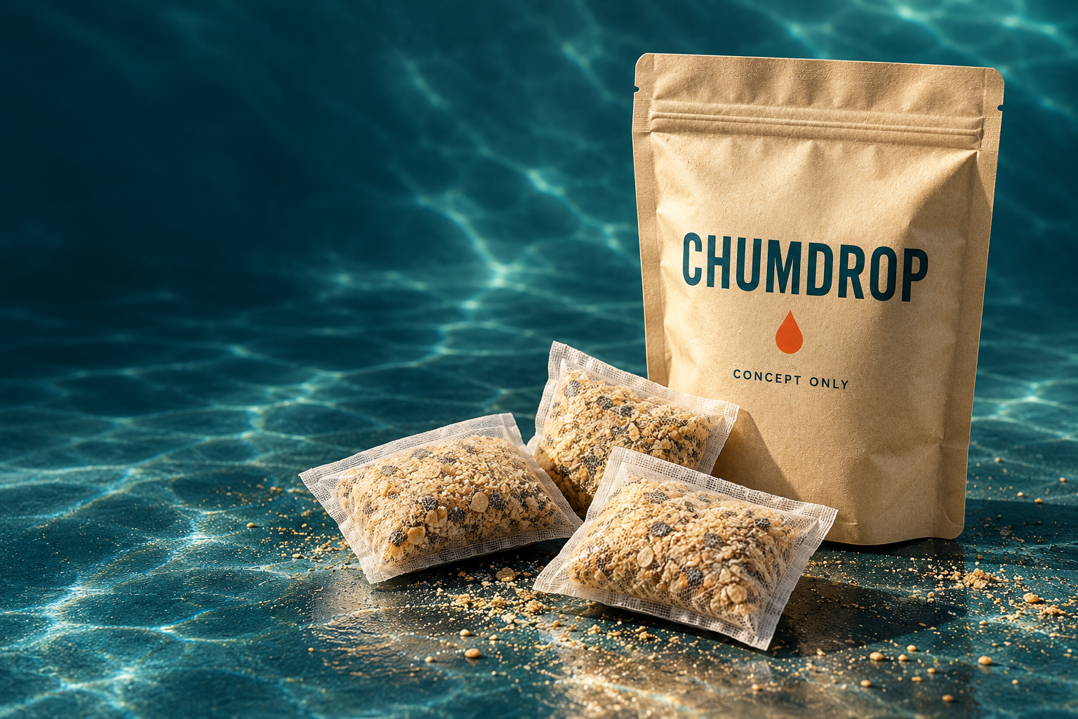 Illustrated product concept: cream resealable ChumDrop outer packaging and three pre-portioned chum sachets.
